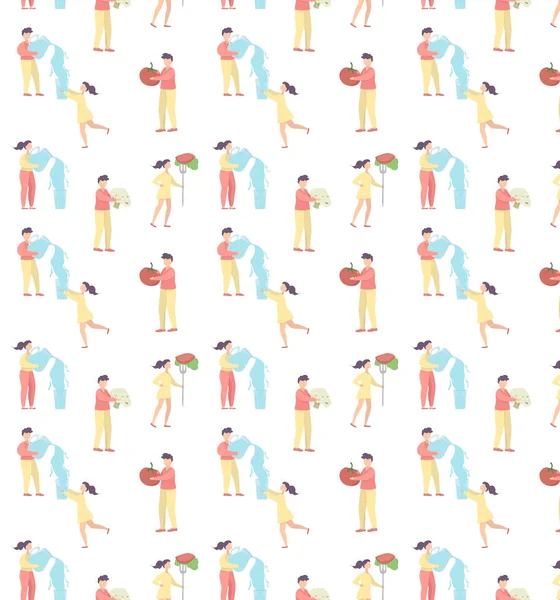 Gıda ve su dengesini, aralıklarla oruç tutma ve sağlıklı yaşam tarzını gösteren kusursuz bir düzen. Kadın ve erkek su döküyor. Açık renkli desen. Vektör illüstrasyonu.