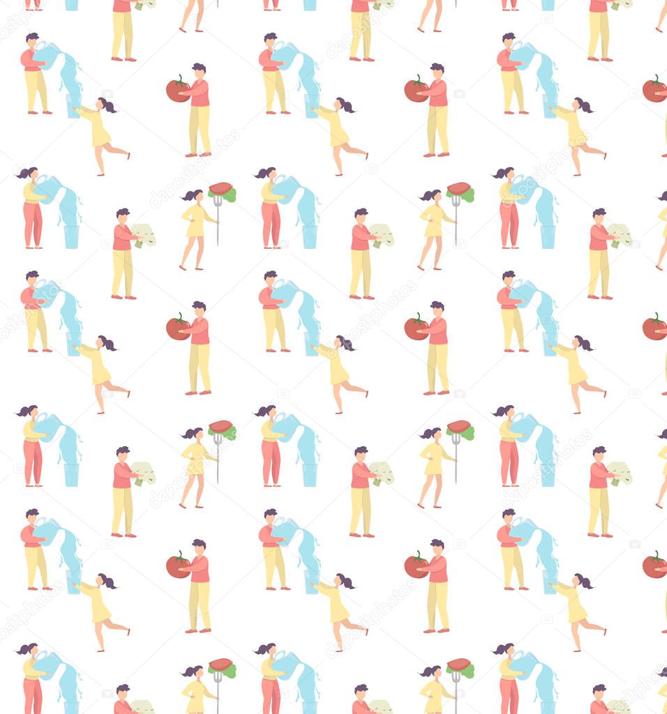 Seamless pattern showing the balance of food and water and the concept of intermittent fasting and healthy lifestyle. Man and woman pouring water. Pattern in light colors. Vector illustration.