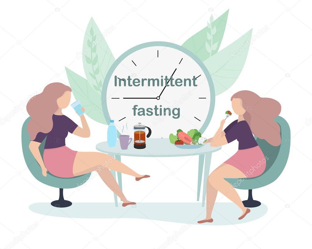 Intermittent fasting concept. Two girls sitting at the table drinking water and eating healthy food. Huge clock. Space for text. Vector illustration.