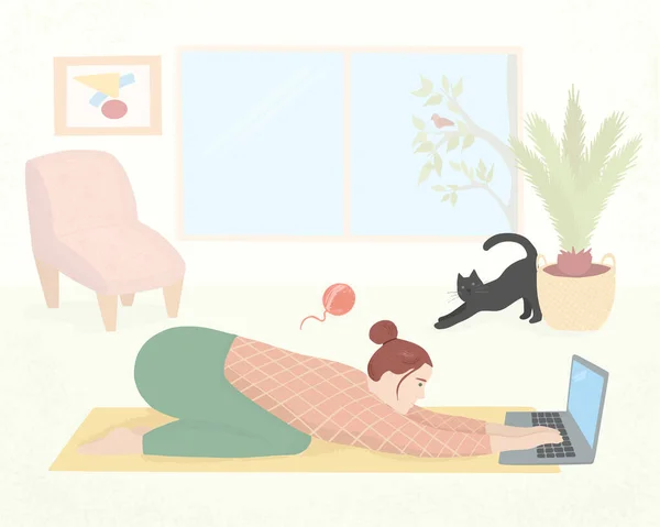 Kız laptopla yoga yapıyor.. — Stok Vektör