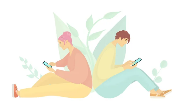 Casal sentar-se para trás e verificar smartphones . — Vetor de Stock