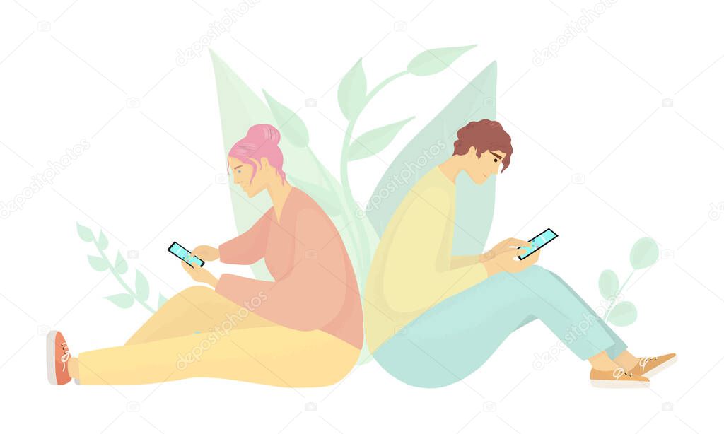 Couple sit back to back and check smartphones.