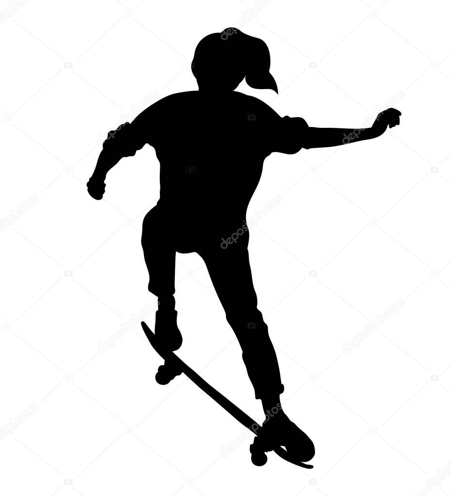 Black silhouette of skateboarder isolated on white background. Skateboard girl. Skateboarding trick ollie. Jump on skateboard.
