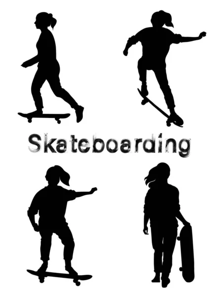 Set di silhouette da skate girl nere. Skate trick ollie. Skateboarder è corse, spinge da terra, saltando, in piedi sulla tavola. Illustrazione vettoriale. Stile Grunge testo testurizzato . — Vettoriale Stock