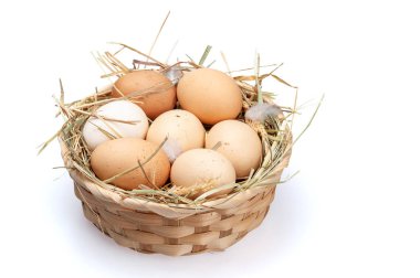 Saman dolu bir sepette tavuk yumurtası. Beyaz arka planda organik yumurtalar.