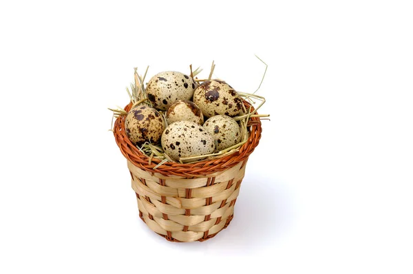 Quail Eggs Basket Hay White Background Diet Organic Eggs — Stock Photo, Image