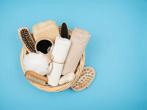 Girl Stuff Bathroom Blue Background Items Body Care — Stock Photo, Image