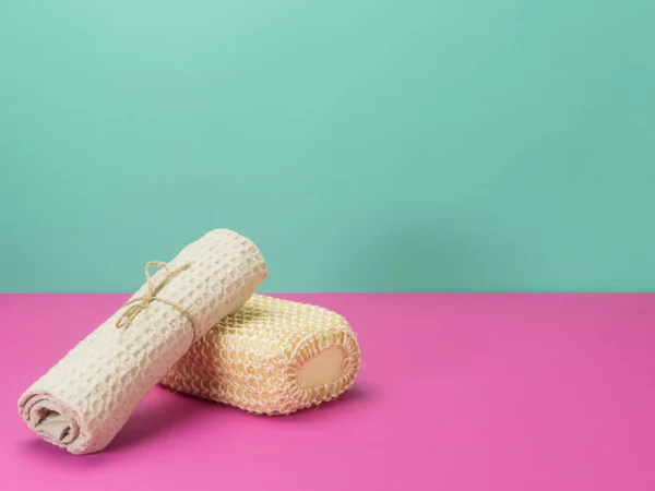 Washcloth Towel Bathroom Raspberry Turquoise Background Bath Accessories — Stock Photo, Image