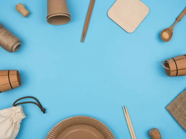 Artikelen Keuken Huishouden Gemaakt Van Ecologische Materialen Een Blauwe Achtergrond — Stockfoto