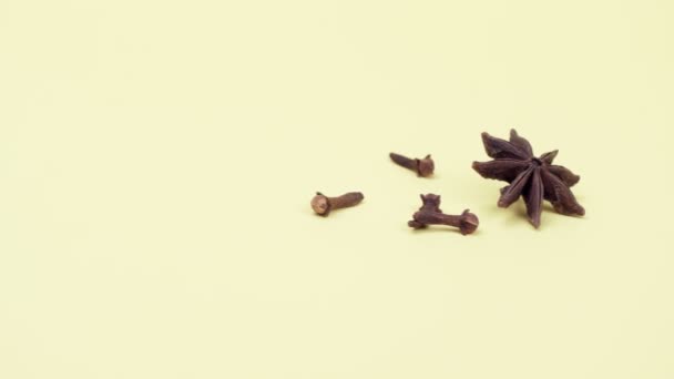Spices cloves and star anise on a yellow background. — Stock Video