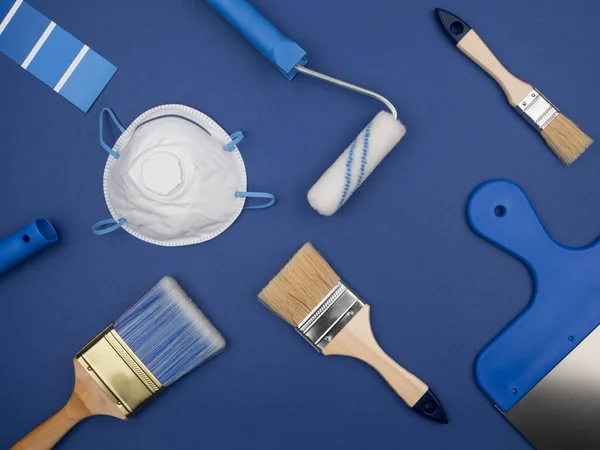 Supplies Painter Repair Blue Background View Top Concept Finishing Works — Stock Photo, Image