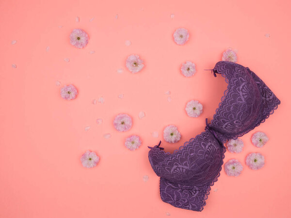Purple bra and pink flowers on a pink background. The view from the top. Sakura. Almond decorative.