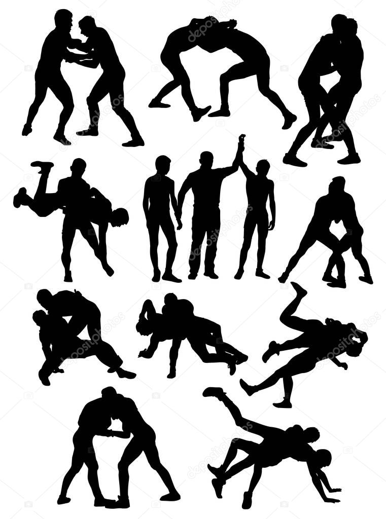 silhouettes of Greco Roman wrestling athletes vector