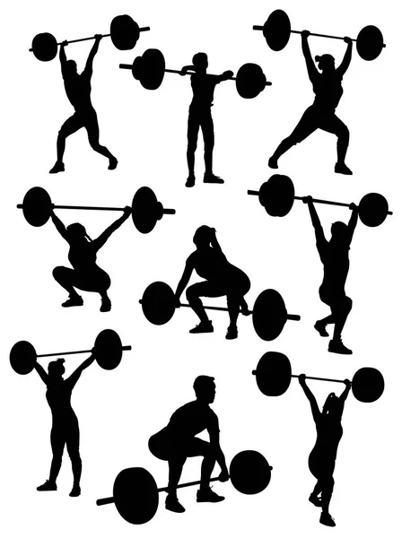 Silhouettes of weightlifters with a barbell vector — 스톡 벡터