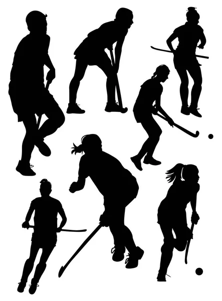 Набор Силуэтов Векторной Иллюстрации Спортсменов Хоккею Траве — стоковый вектор