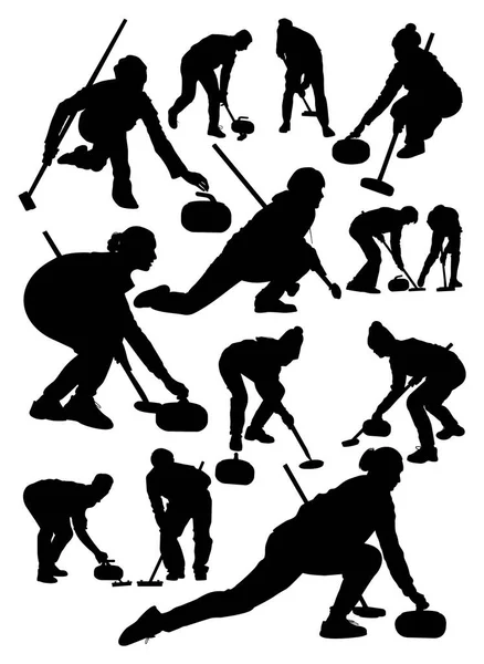 Набор Силуэтов Спортсменов Игроков Векторной Иллюстрации Кёрлинга — стоковый вектор