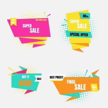 Pop Art yarım ton renkli teklif etiketi satış fiyatı, alışveriş konsepti, pankart indirimi tanıtım fiyatı seti, düz tasarım, vektör, illüstrasyon