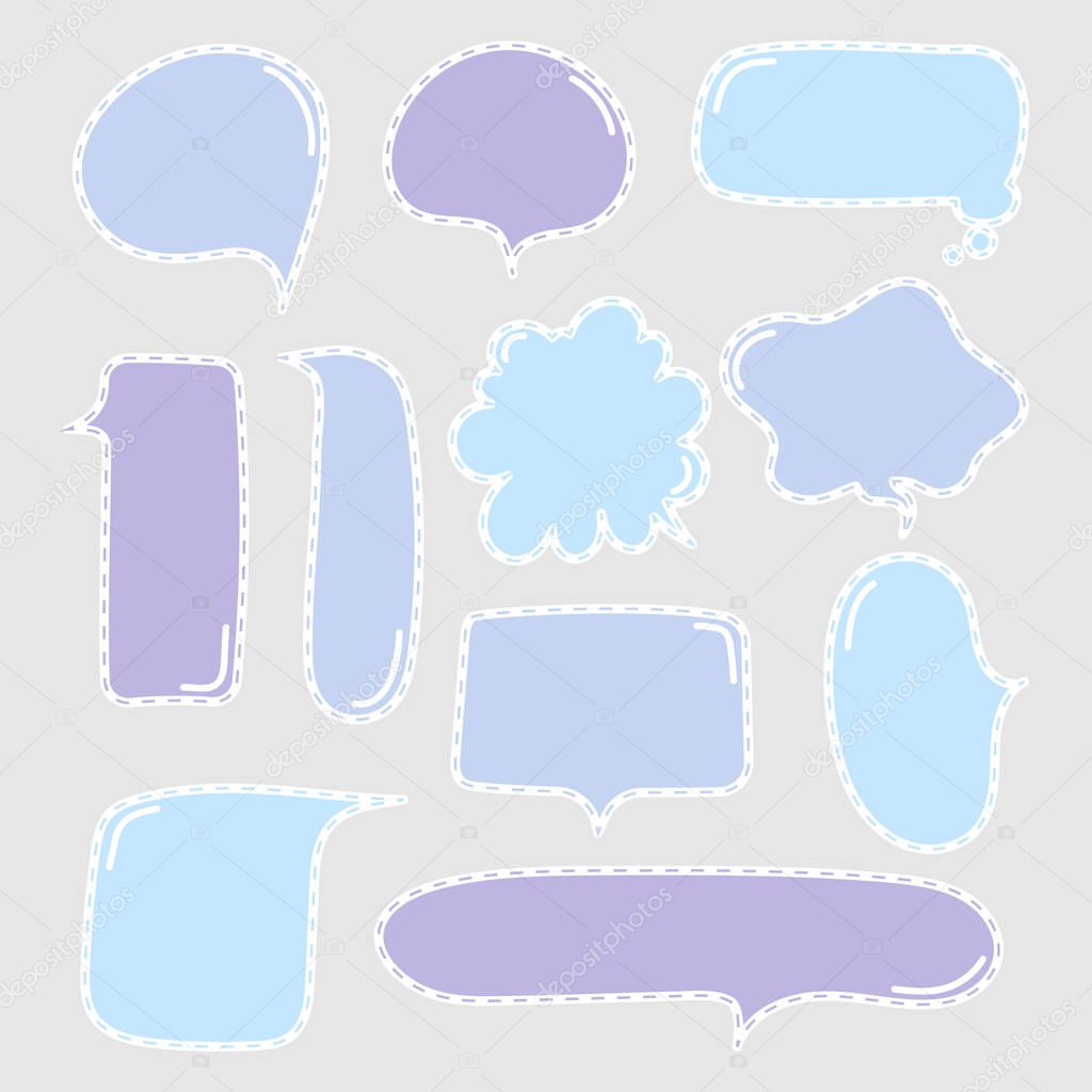 collection set of cute hand drawn line frame border, blank speech bubble balloon dashed line, blue and purple color, think, speak, talk, text box, banner, flat design vector illustration