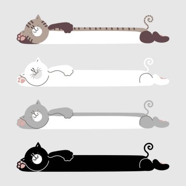 Sevimli el çizimi kedi metin kutusu koleksiyonu, afiş, pençeli tahta, konuşma balonu, şablon, düz tasarım vektör çizimi