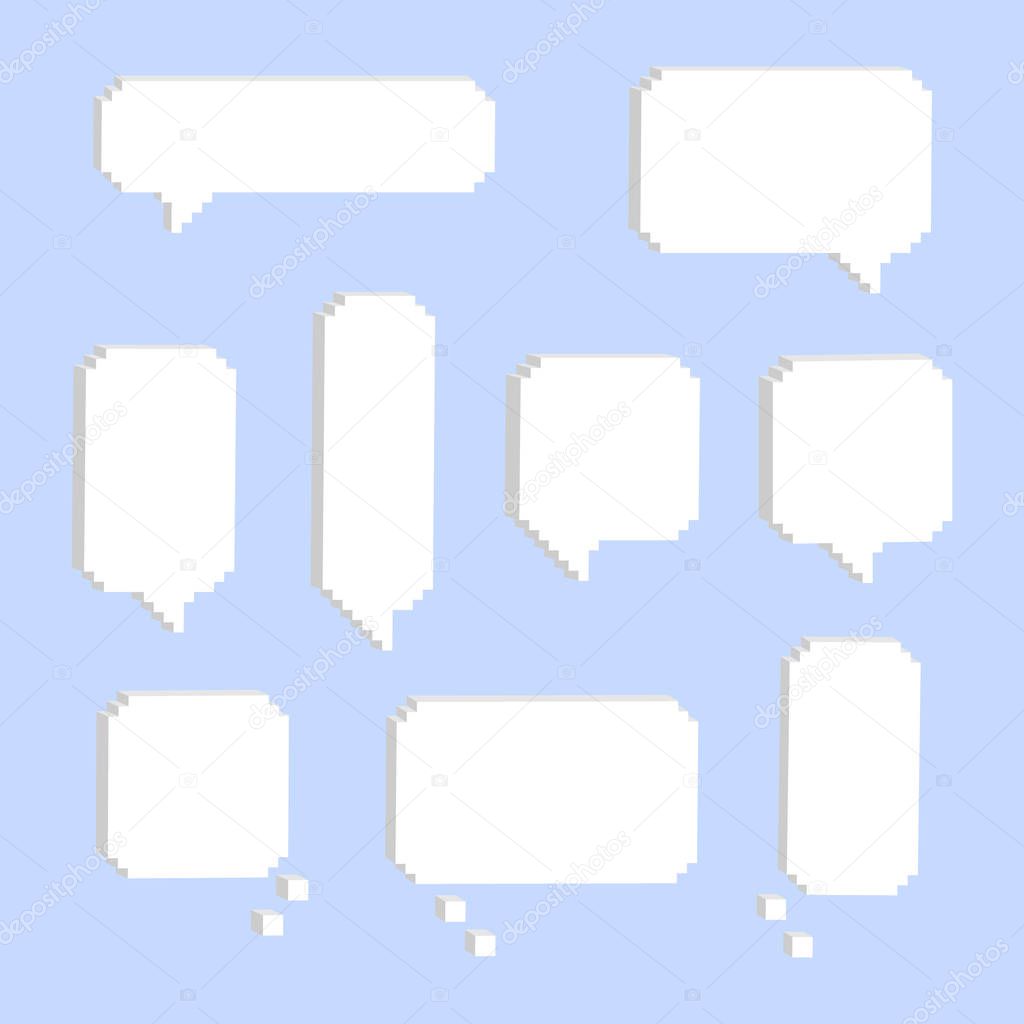 collection set of cute 3D retro game 8 bit pixel speech bubble balloon think, speak, talk, template, text box, design, vector illustration