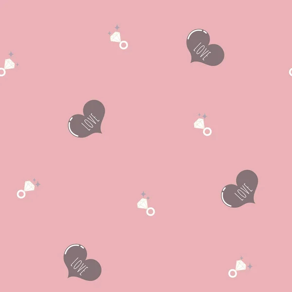 Pembe arka planda pırlanta yüzük desenli çikolatalı kalp şekli çizen kusursuz, minimal, şirin, pastel el el el el. Sevgililer Günü, düğün konsepti, düz vektör çizimi.