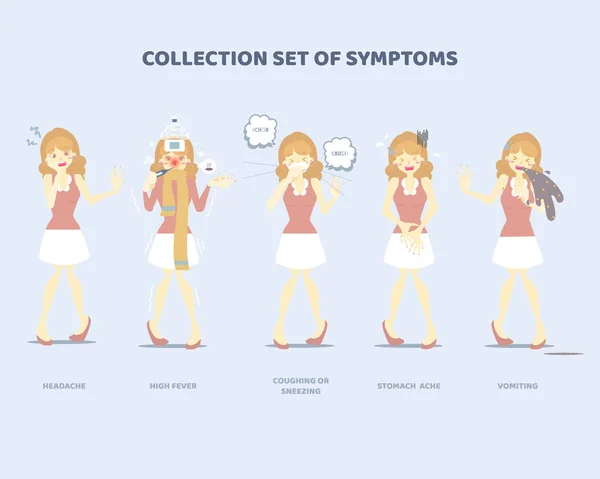 Collection Set Symptoms Woman Sneezing Coughing Vomiting High Fever Stomach — Stock Vector