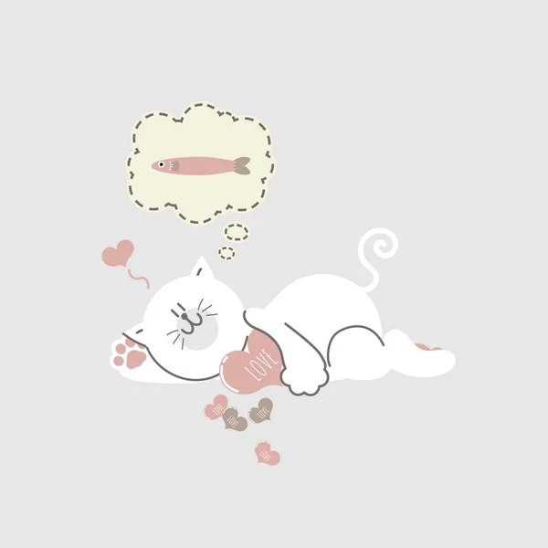 귀엽고 스러운 그려진 고양이가 가슴을 발렌타인데이 사랑의 일러스트 캐릭터 디자인을 — 스톡 벡터