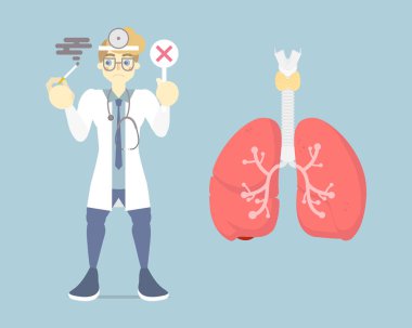Sigara ve haç işareti taşıyan doktorların olduğu tütün günü akciğer kanseri yok, sigara içmek yok, hava kirliliği yok, anatomi konsepti yok, düz vektör çizim karakter tasarımı yok.