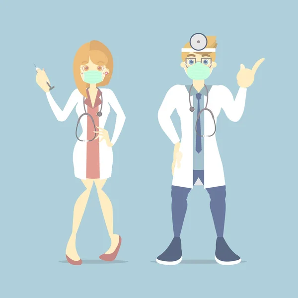Erkek ve kadın doktor koruyucu maske takıyor hastane, düz vektör illüstrasyon karakter tasarımı için tıbbi konsept