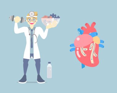 dünya kalp günü, sağlıklı yaşam tarzı ve kalp sağlığı konsepti mavi arka planda doktor ve kalp anatomisi, vektör illüstrasyon düz karakter tasarımı