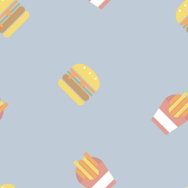 Hamburger ve patates kızartmalı kusursuz fast food. Mavi arka planda tekrarlanan şablon, düz vektör çizimi.