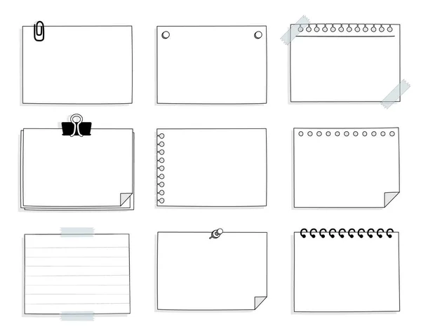 Conjunto Lindo Dibujado Mano Papel Blanco Almohadilla Notas Adhesivas Con — Vector de stock