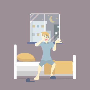 Stresli adam yatakta yatıyor, uykusuzluk bozukluğu, uykusuzluk konsepti, düz karakter tasarım klipsi sanat vektörü çizimi