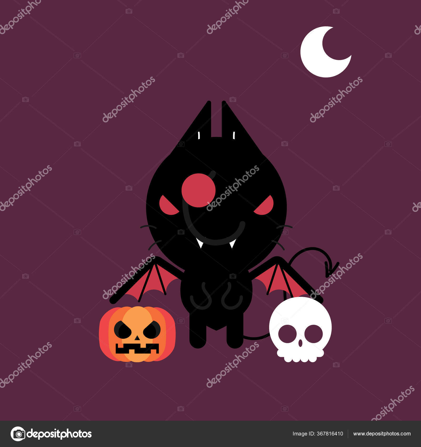 Kara Kedi Yarasa Balkabağı Kafatası Düz Vektör Çizim Karakter Tasarımı