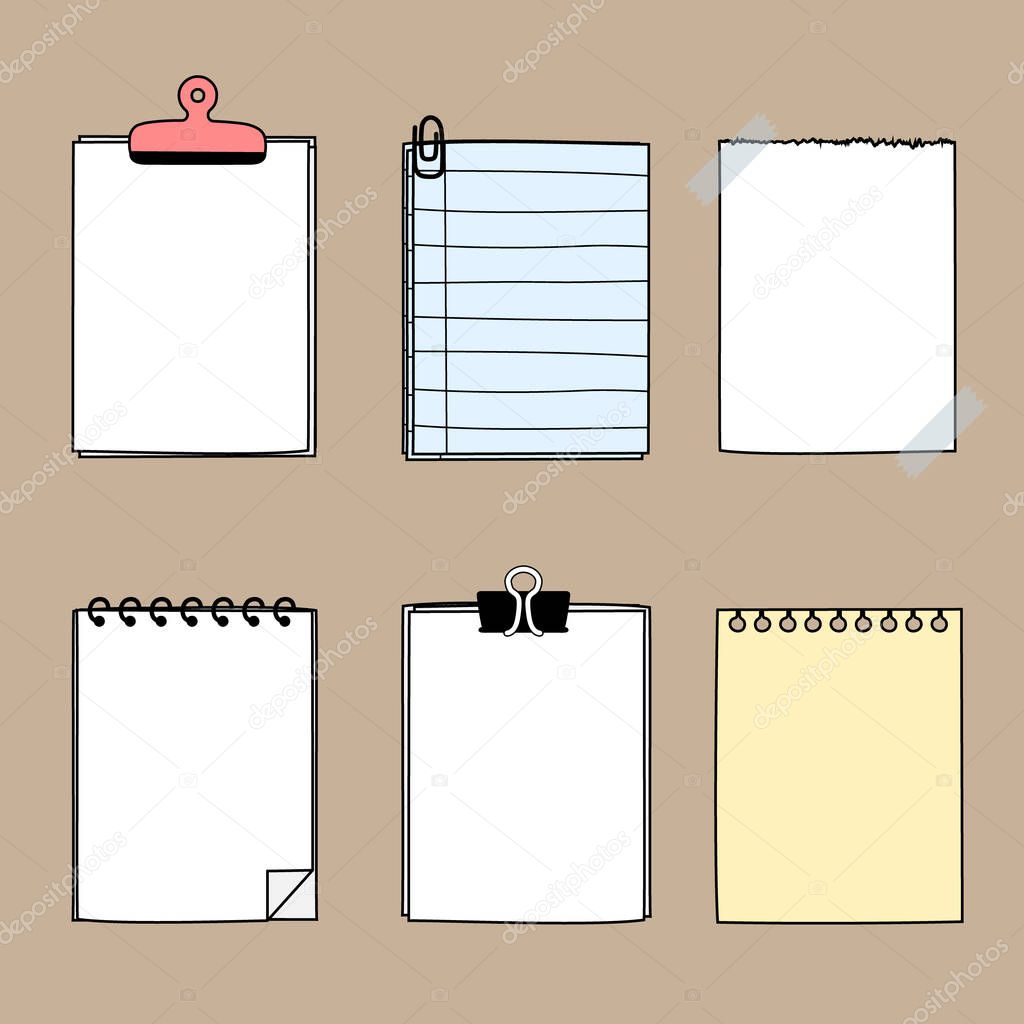 set of cute hand drawn, blank paper sticky note pad with tape and clip, template, text box, flat design, vector, illustration