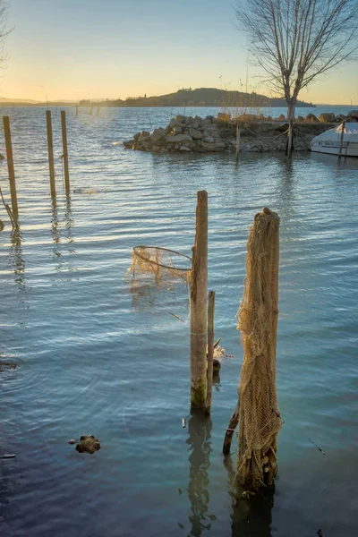 Poteaux Jetée Filets Pêche Dans Lac — Photo