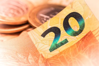 Gerçek Brezilya parası. Para, Dinheiro, Brezilya, Reais. 20 Reais banknot ve gerçek paralar..