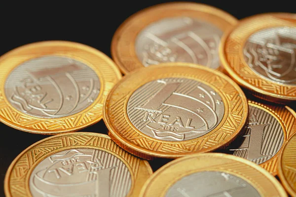 Real Бразилия Валюта Деньги Динхейро Бразилия Риа Группа Настоящих Монет — стоковое фото