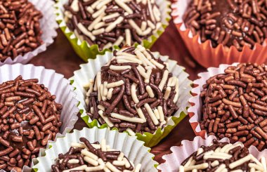 Chocolate truffles or brigadeiro typical Brazilian sweet. Most traditional sweet of birthday parties.