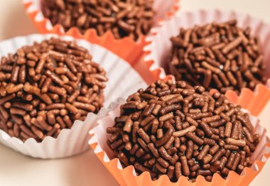 Chocolate truffles or brigadeiro typical Brazilian sweet. Most traditional sweet of birthday parties.
