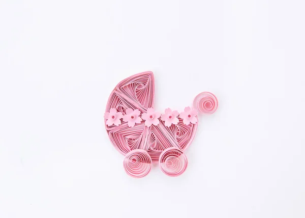 Baby Carriage Pram Newborn Girl Pink Hand Made Paper Quilling — Stock Photo, Image