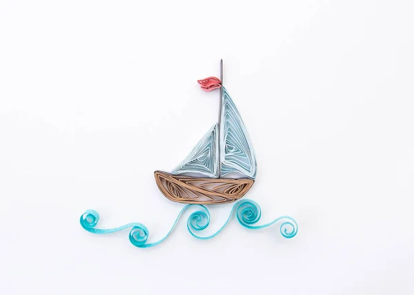 Sailboat Waves Isolated White Background Hand Made Paper Quilling Technique — Stock Photo, Image