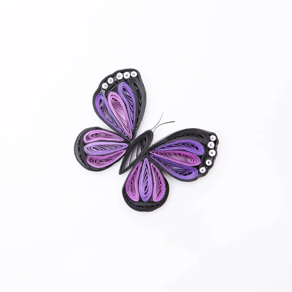 Top view of beautiful butterfly, isolated on white background. Hand made of paper quilling technique.