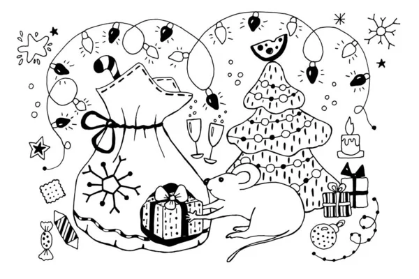 2020 년 새해의 상징 쥐, 쥐, 낙서 수평 그림. 손으로 그린 벡터 스톡 일러스트. 크리스마스의 물건 과 요소들로 가득 한 큰 세트. — 스톡 벡터