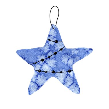 Yıldız Noel silueti beyaz arka planda izole edilmiş. Soğuk yakın çekim desenli soyut kolaj. Yeni Yıl Şenliği için elle çizilmiş suluboya çizimi tasarım ve Noel ürünleri.