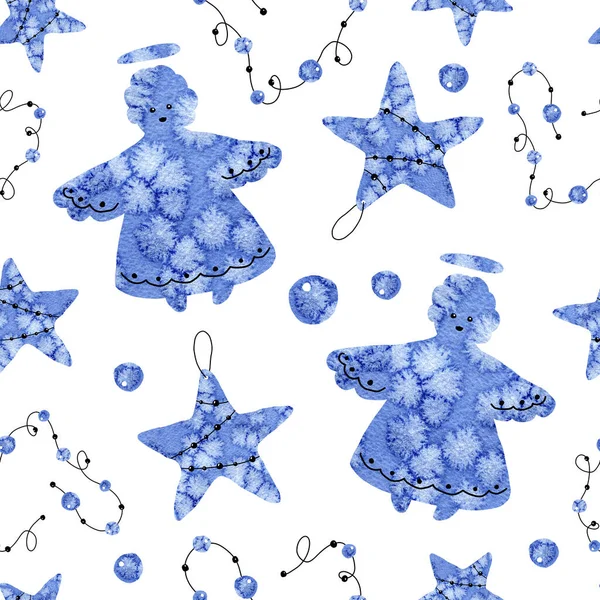 Christmas angel boy silhouet and star. Seamless pattern. Abstract collage with a frosty closeup pattern. Hand drawn watercolor illustration for festive New Year 2020 design and Christmas products. — Stock Photo, Image