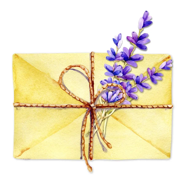 Ett postkuvert bundet med tvinnat garn, med lavendelkvist. Uppsättning handgjorda akvarell illustrationer för design koncept av budskap, korrespondens, kärlek, trohet, vänskap. — Stockfoto