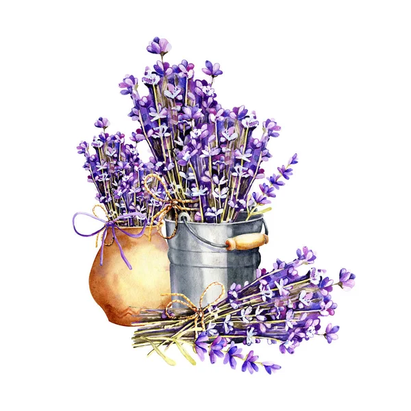 Un ramo de flores de lavanda, ramitas atadas con cordel, un paquete en un cubo de aluminio y maceta de cerámica de arcilla. Acuarela dibujada a mano ilustración para el diseño del concepto de boda, cumpleaños, día de San Valentín . —  Fotos de Stock