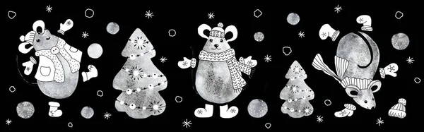 재미있는 쥐들, 즉 2020 년 새해를 상징하는 쥐들은 크리스마스 트리 근처에서의 휴일을 기념하며 눈덩이 놀이를 합니다. 검은 배경에 수평 깃발. 손으로 그린 물감 삽화. — 스톡 사진
