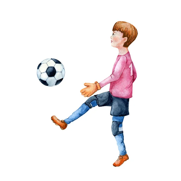 Il ragazzo portiere di calcio prende a calci un pallone da calcio. Illustrazione ad acquerello a mano isolato su sfondo bianco. Per la progettazione di un concetto sportivo, banner, template, competizione, campionato . — Foto Stock